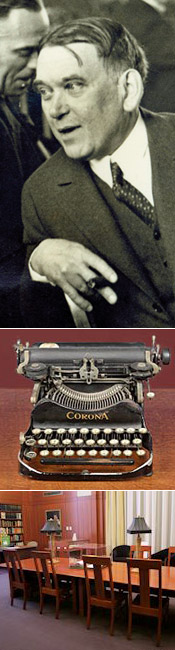 H.L. Mencken, his typewriter, and a view of the Mencken Room